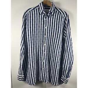 Emanuel Berg Button Down Shirt Men's Medium Linen Long Sleeve Blue Striped